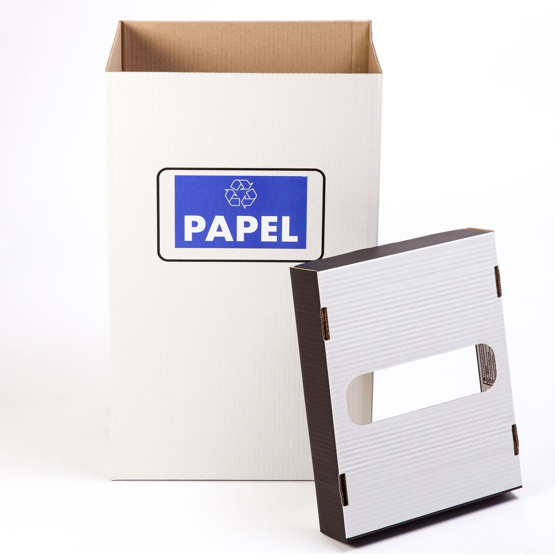 Papelera de cartón automontable con tapa superior, caja contenedor ecológico para reciclaje de papel en oficinas, congresos, o sitios de paso