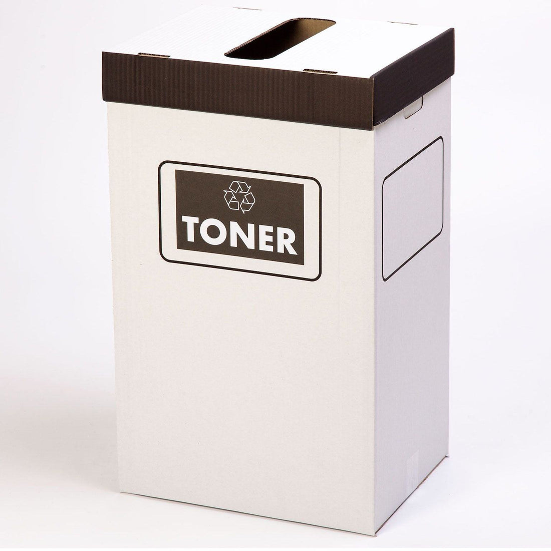 Caja de reciclaje de tóner con tapa incluida, contenedor para cartuchos vacíos de impresoras láser o tinta en oficinas.
