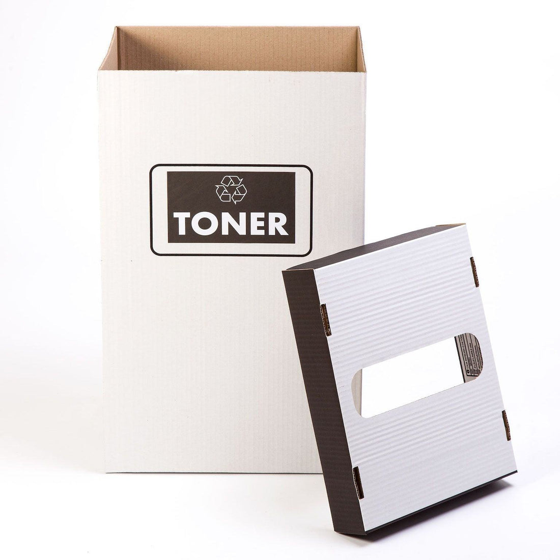 Caja de reciclaje de tóner con tapa incluida, contenedor para cartuchos vacíos de impresoras láser o tinta en oficinas.