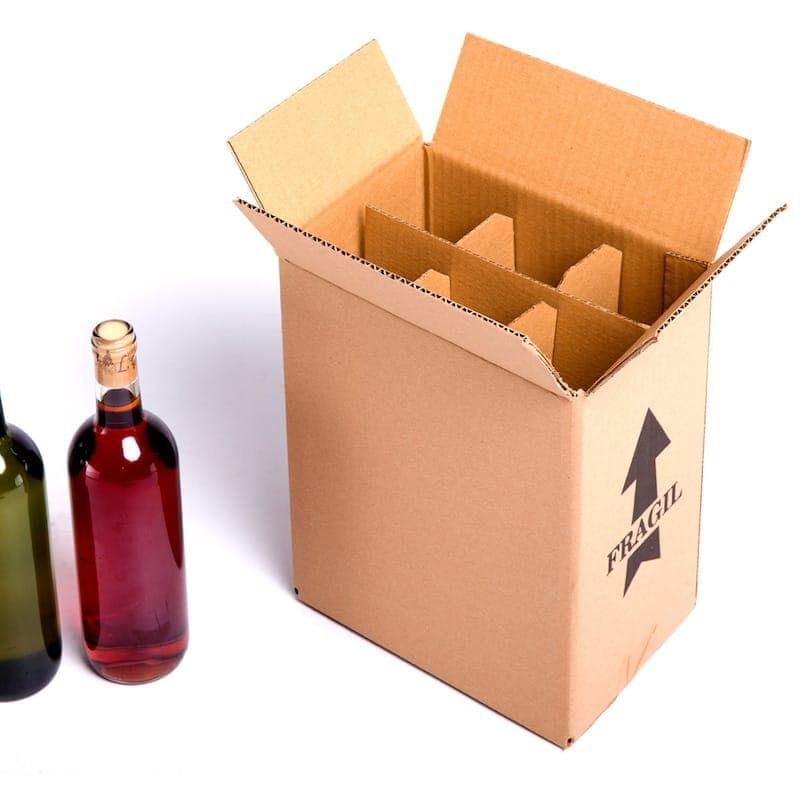 Caja de cartón para 6 botellas de vino bordelesa con separadores divisores de rejilla, resistente y ecológica. Medida Interna: 23,5 x 15,5 x 31,5 cm