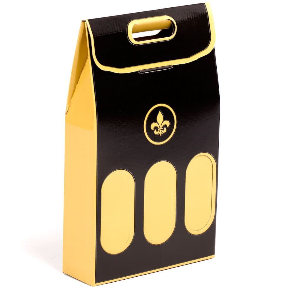 Estuche estucado negro para 3 botellas de vino, elegante y resistente, ideal para regalar o presentar.