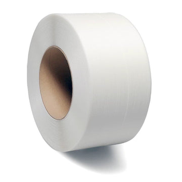 Fleje plástico blanco de polipropileno 5 mm x 7000 m, resistente para embalaje, flejado y paletizado.