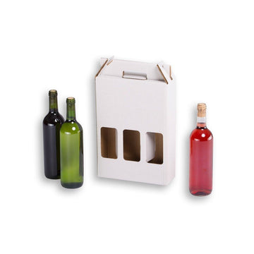 Estuche de cartón blanco automontable para 3 botellas de vino, con asas y ventanas frontales para regalos elegantes.