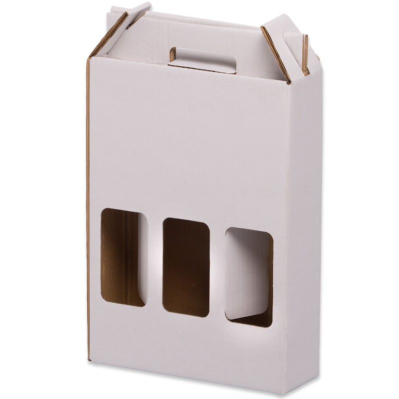 Estuche de cartón blanco automontable para 3 botellas de vino, con asas y ventanas frontales para regalos elegantes.
