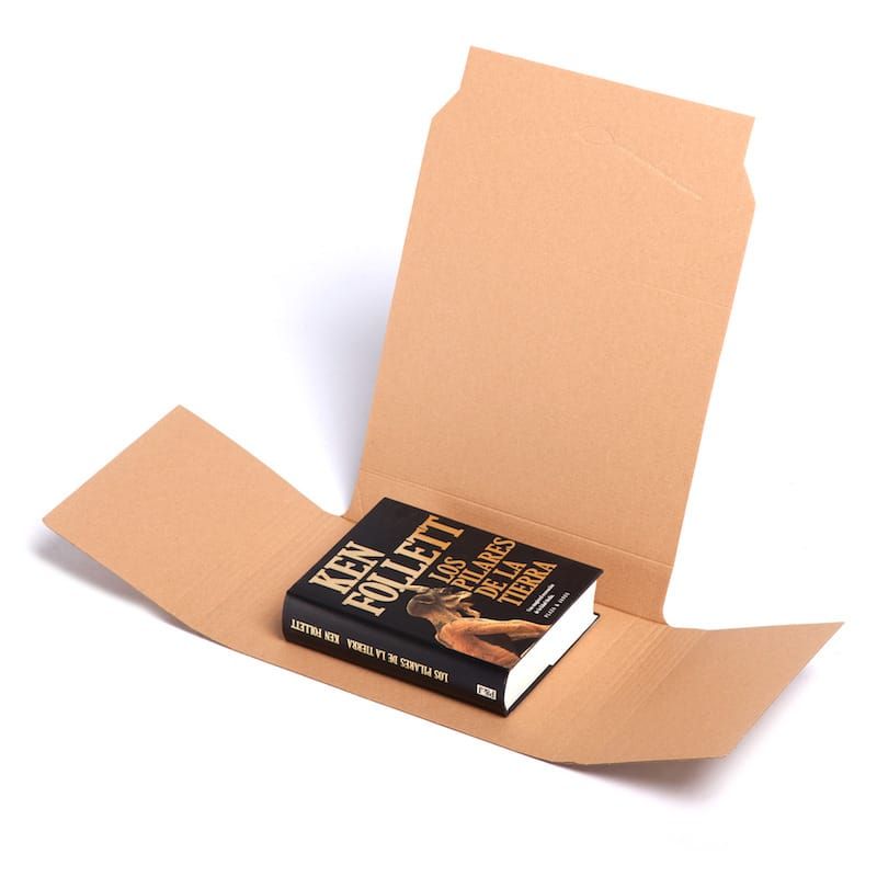 Estuche de cartón para envío de libros 28x23x5 cm, resistente y reutilizable, ideal para librerías y vendedores online.