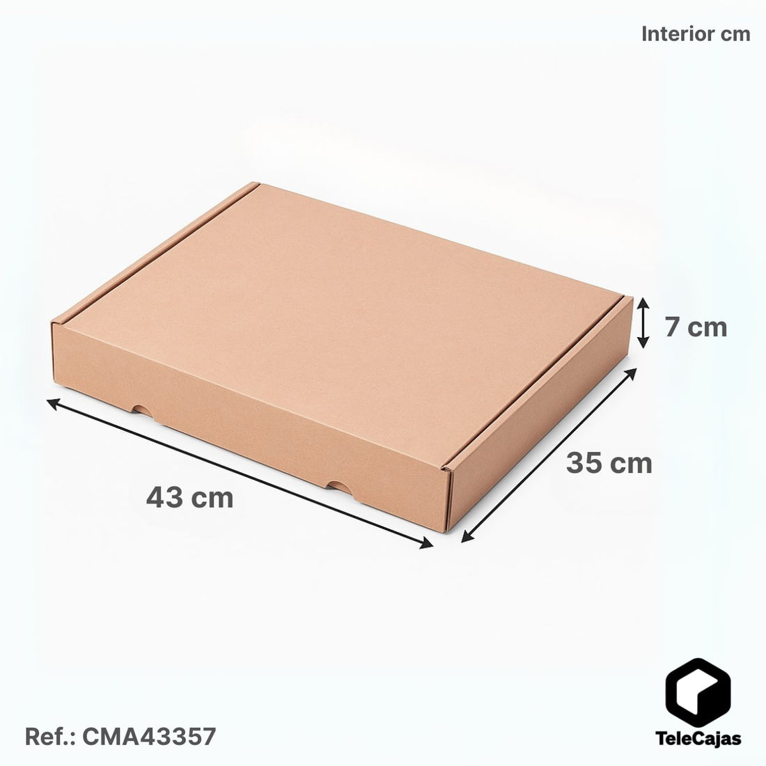 Caja de embalaje muy robusta de cartón marrón kraft con medidas interiores 43x35x7 cm. Diseño automontable troquelada con tapa robusta y sin asas para mayor discreción. Perfecta para packaging ecológico de productos planos, libros, catálogos o ropa doblad