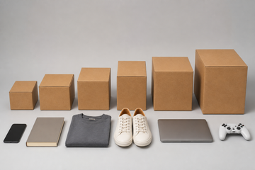Móvil, libro, camiseta, zapatos, portátil y consola junto a cajas de varios tamaños