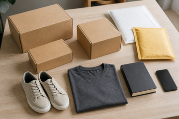 Cajas y sobres acolchados preparados para enviar ropa, zapatos, libros y electrónica