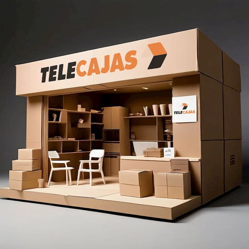 Mini tienda de cartón "Telecajas" con estanterías y cajas, ideal para mostrar productos y envíos.