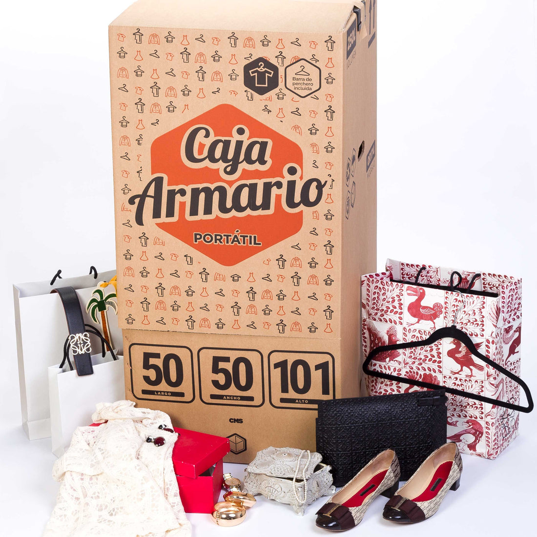 Caja armario portátil 50x50x101 cm con barra perchero, ideal para mudanzas y guardar ropa colgada.