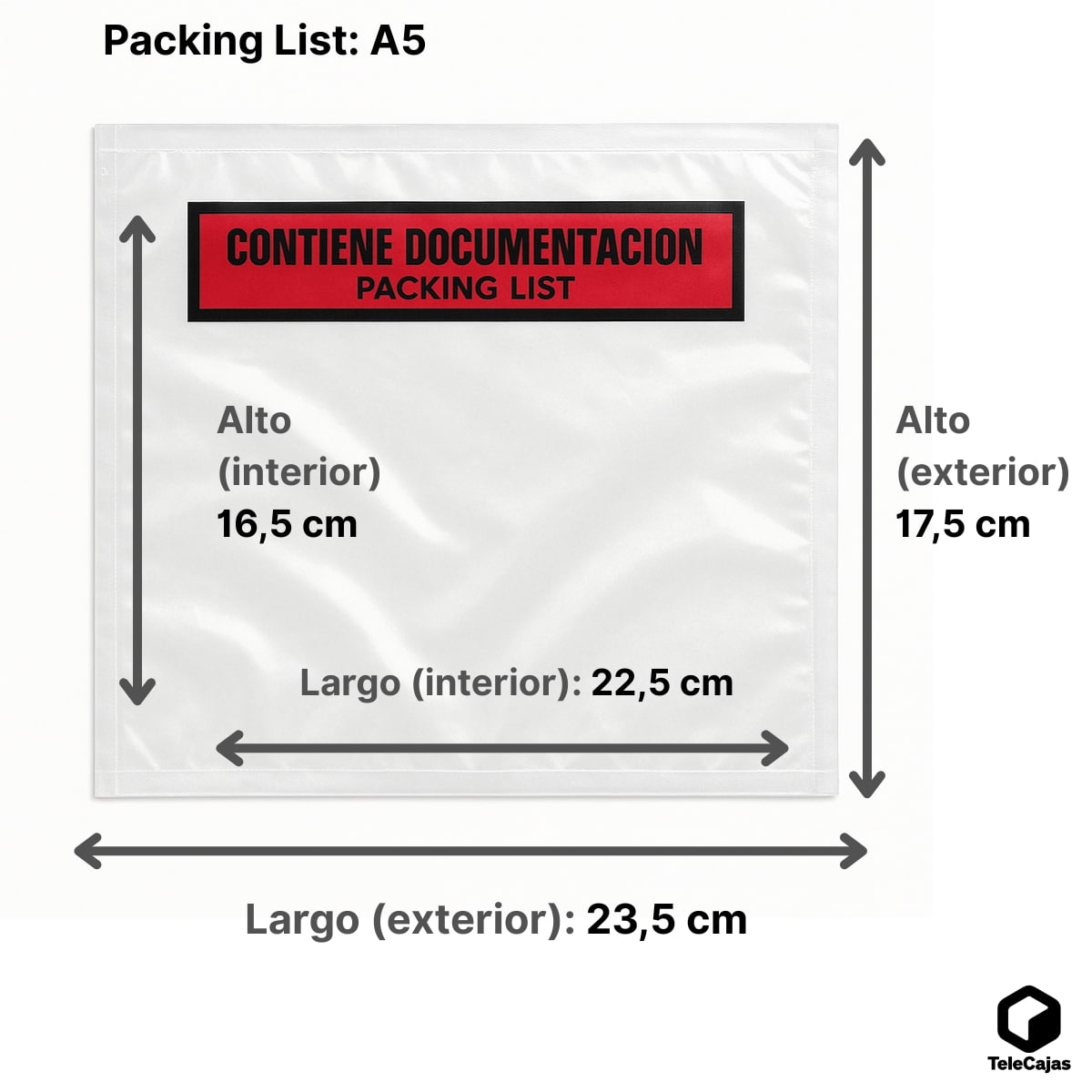 Packing List A5 | Exterior: 235x175 mm (Interior: 225x165 mm) | Sobres Contiene Documentación | Tamaño medio folio A4 | Pack de 1000 Bolsas
