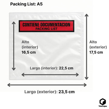 Packing List A5 | Exterior: 235x175 mm (Interior: 225x165 mm) | Sobres Contiene Documentación | Tamaño medio folio A4 | Pack de 1000 Bolsas