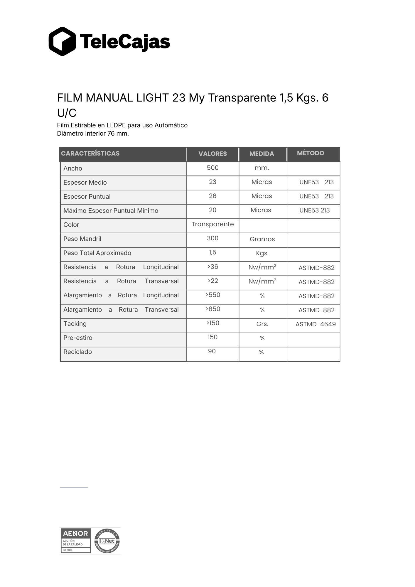 Ficha tecnica film transparente envolver