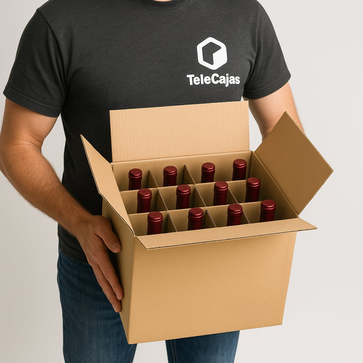Modelo con Caja de embalaje resistente para 12 botellas de vino, fabricada en cartón reciclado de canal simple con separadores tipo rejilla que evitan golpes y roces entre botellas. 
    Perfecta para envíos de ecommerce vinícola, transporte seguro de bebidas, bodegas, tiendas gourmet o particulares que buscan packaging ecológico y profesional. 
    Caja de cartón con separadores, ideal también para almacenar botellas de licor, cerveza artesanal o aceite de oliva.
