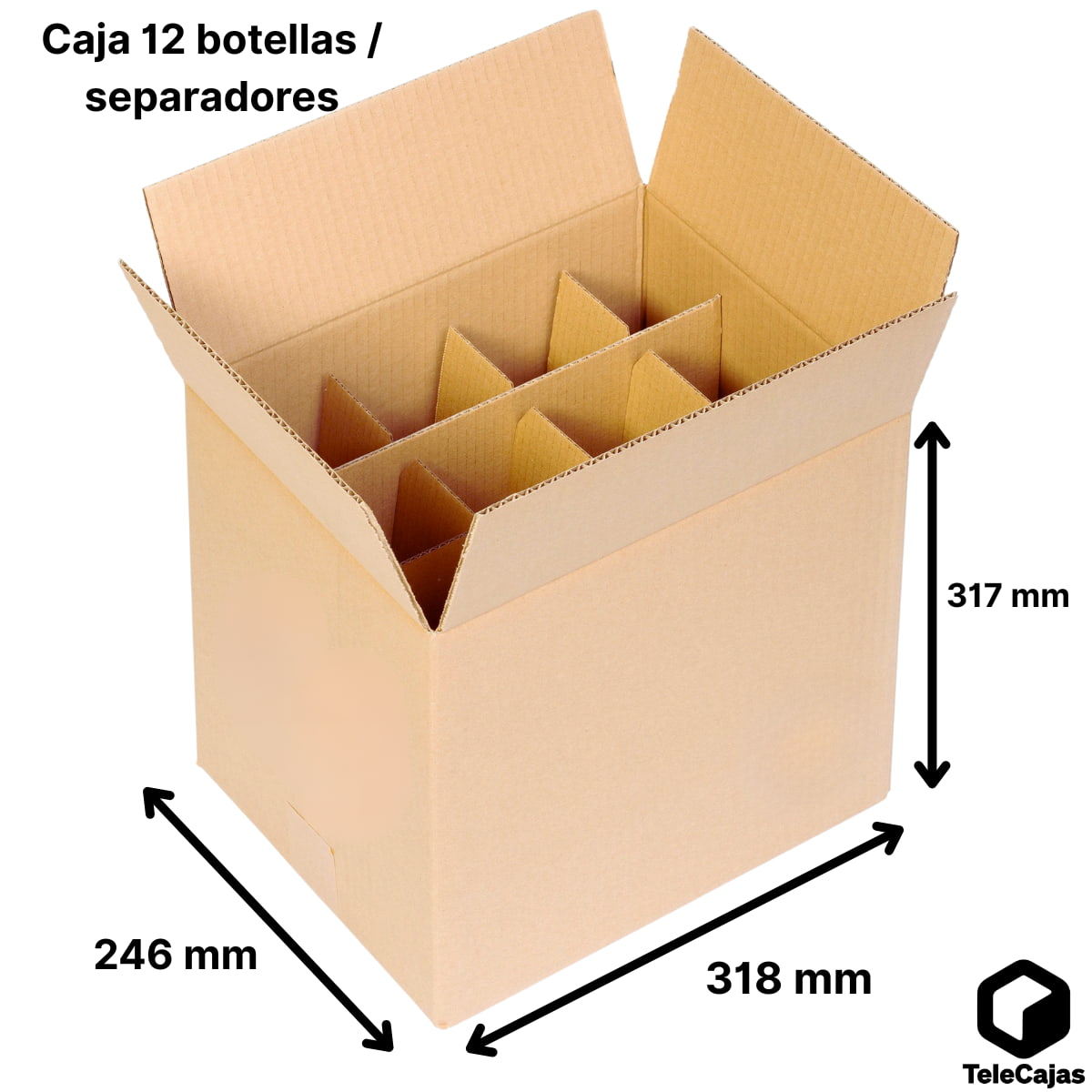 Modelo con Caja de embalaje resistente para 12 botellas de vino, fabricada en cartón reciclado de canal simple con separadores tipo rejilla que evitan golpes y roces entre botellas. 
