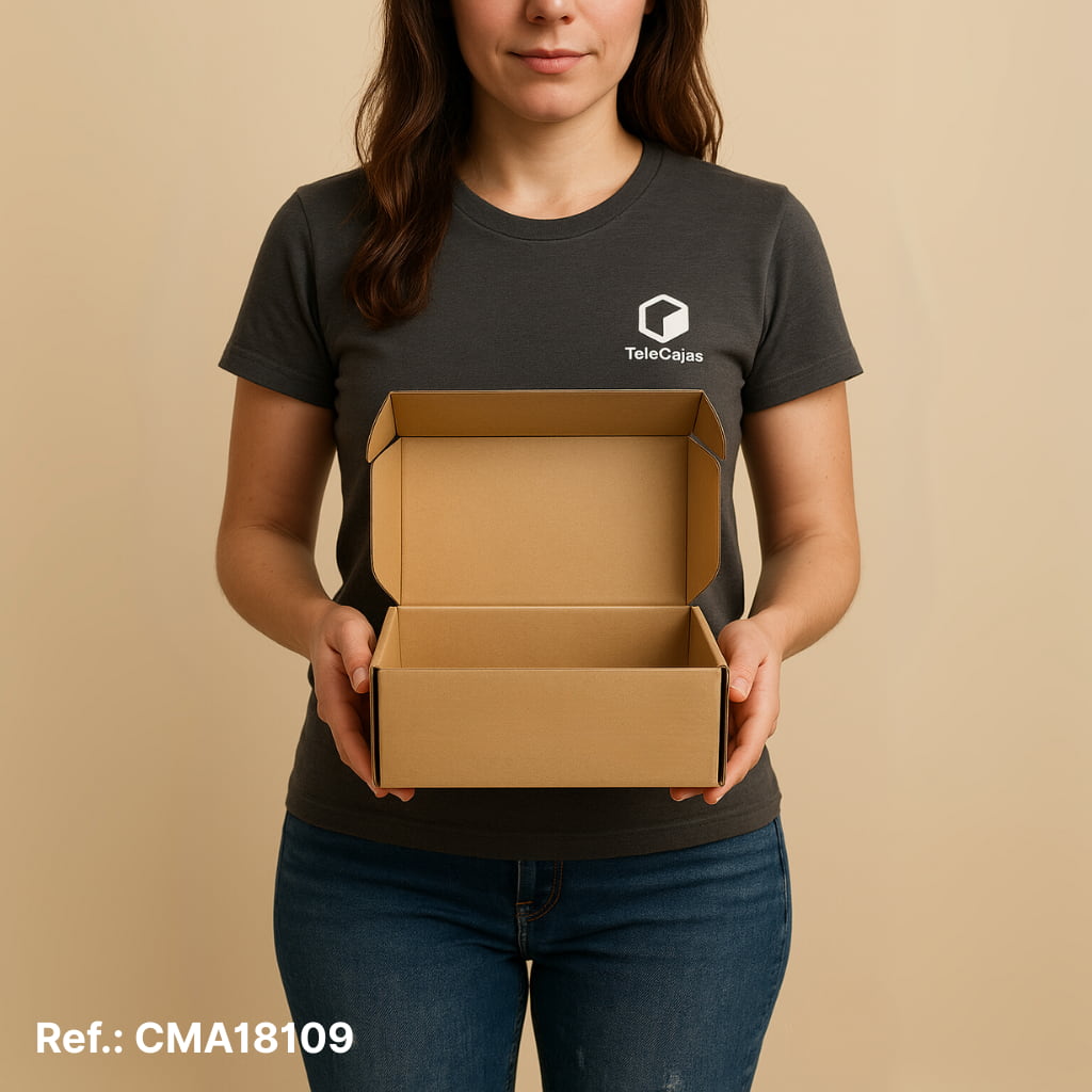 Mujer con Cajita de embalaje resistente de canal simple reforzado, automontable y anónima, fabricada en cartón reciclado kraft. Dimensiones interiores 18x10x9,5 cm. Perfecta para packaging ecológico de productos ligeros, regalos corporativos, detalles de boda o envíos postales compactos. 