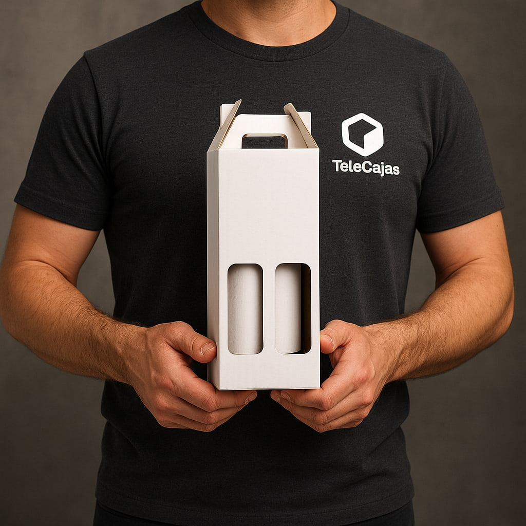 Persona sosteniendo caja estuche blanca para dos botellas de vino con asas y ventanas, ideal para packaging y regalo.