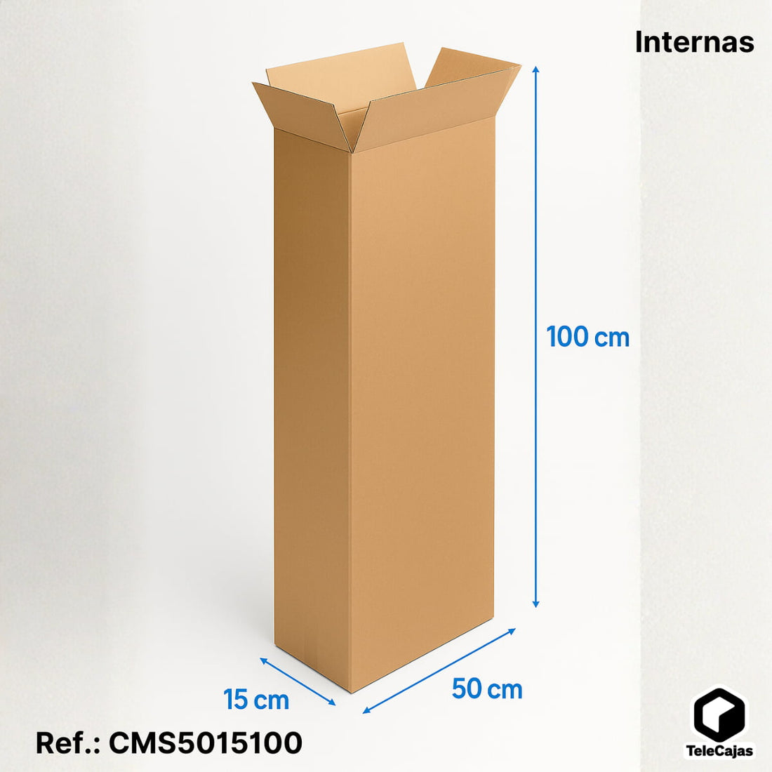 Caja alta rectangular de cartón ondulado 50x15x100 cm, resistente y ecológica para envíos y almacenaje de productos largos.