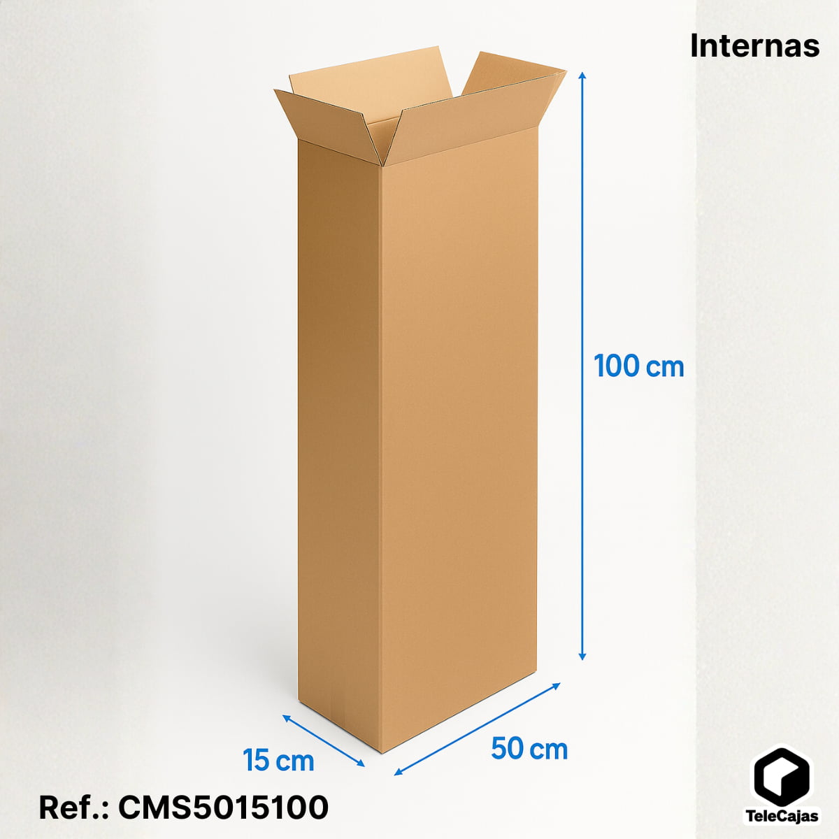 Caja alta rectangular de cartón ondulado medida interior 50x15x100 cm, resistente y ecológica para envíos y almacenaje de productos largos.