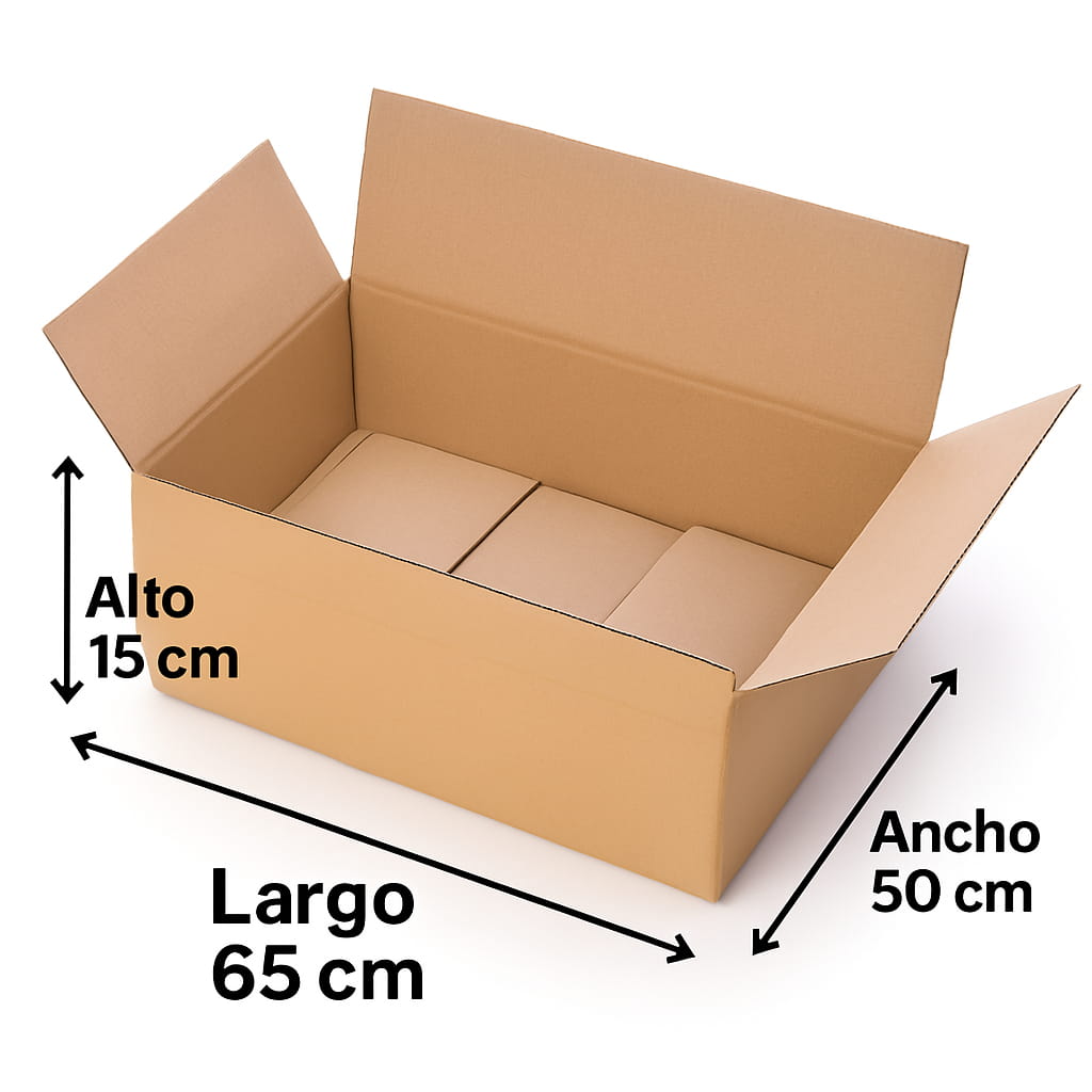Infografia con las medidas de la caja 65x50x15 cm telecajas