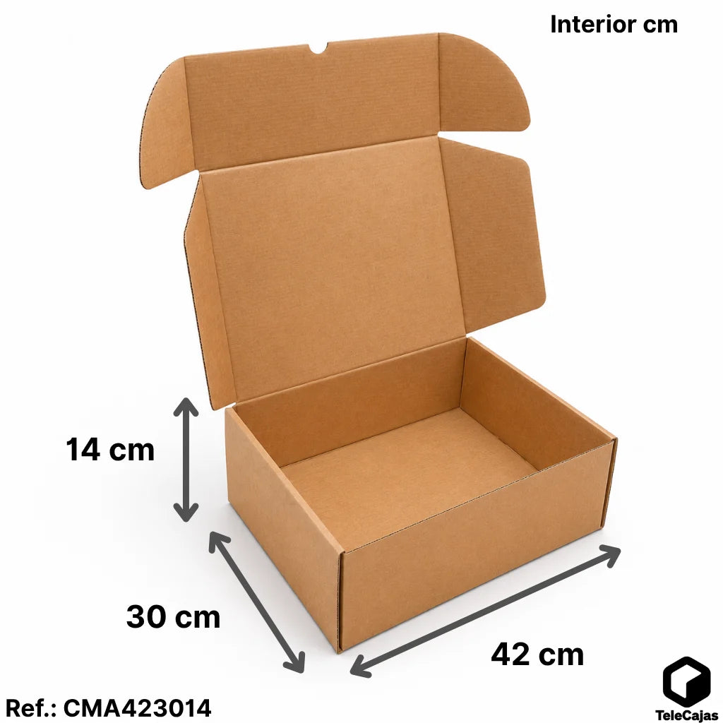 Caja de embalaje resistente de canal simple, automontable y en color kraft. Medidas interiores 42x30x14 cm. Perfecta para packaging ecológico, envíos por mensajería, almacenaje en casa o logística de tiendas online. Robusta para proteger el contenido durante el transporte.