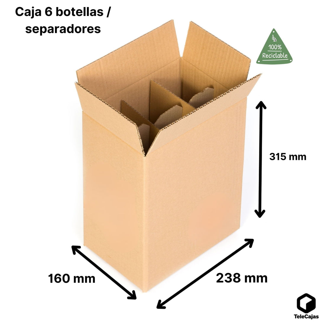 Caja de cartón para 6 botellas de vino bordelesa con separadores divisores de rejilla, resistente y ecológica. Medida Interna: 23,5 x 15,5 x 31,5 cm