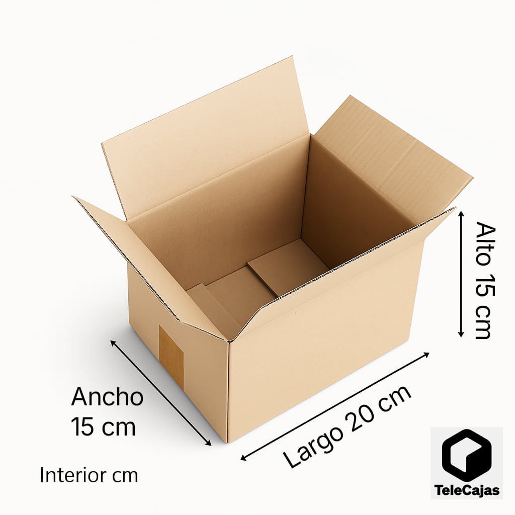 Caja de embalaje resistente de canal simple, medida interior 20x15x15 cm, ideal para envíos online o almacenaje. Diseño funcional con indicación de medida de largo. Perfecta para ecommerce que buscan packaging ecológico, práctico y reutilizable.