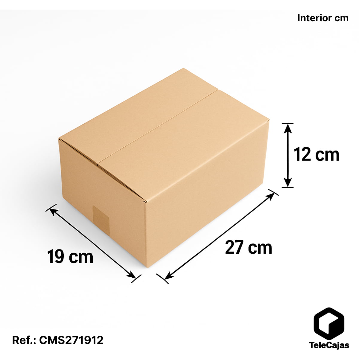 Cajita de embalaje económica de cartón marrón con solapas, tamaño interior 27x19x12 cm, económica y funcional para envíos ecommerce o almacenaje doméstico. Fabricada en canal simple.