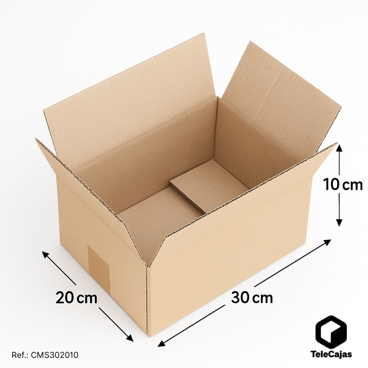 Caja de embalaje resistente y discreta de canal simple, medidas interiores 30x20x10 cm. Packaging ecológico, perfecto para envíos postales anónimos, sin asas, ecommerce, paquetería o almacenaje en casa. Fabricada en cartón reciclado.