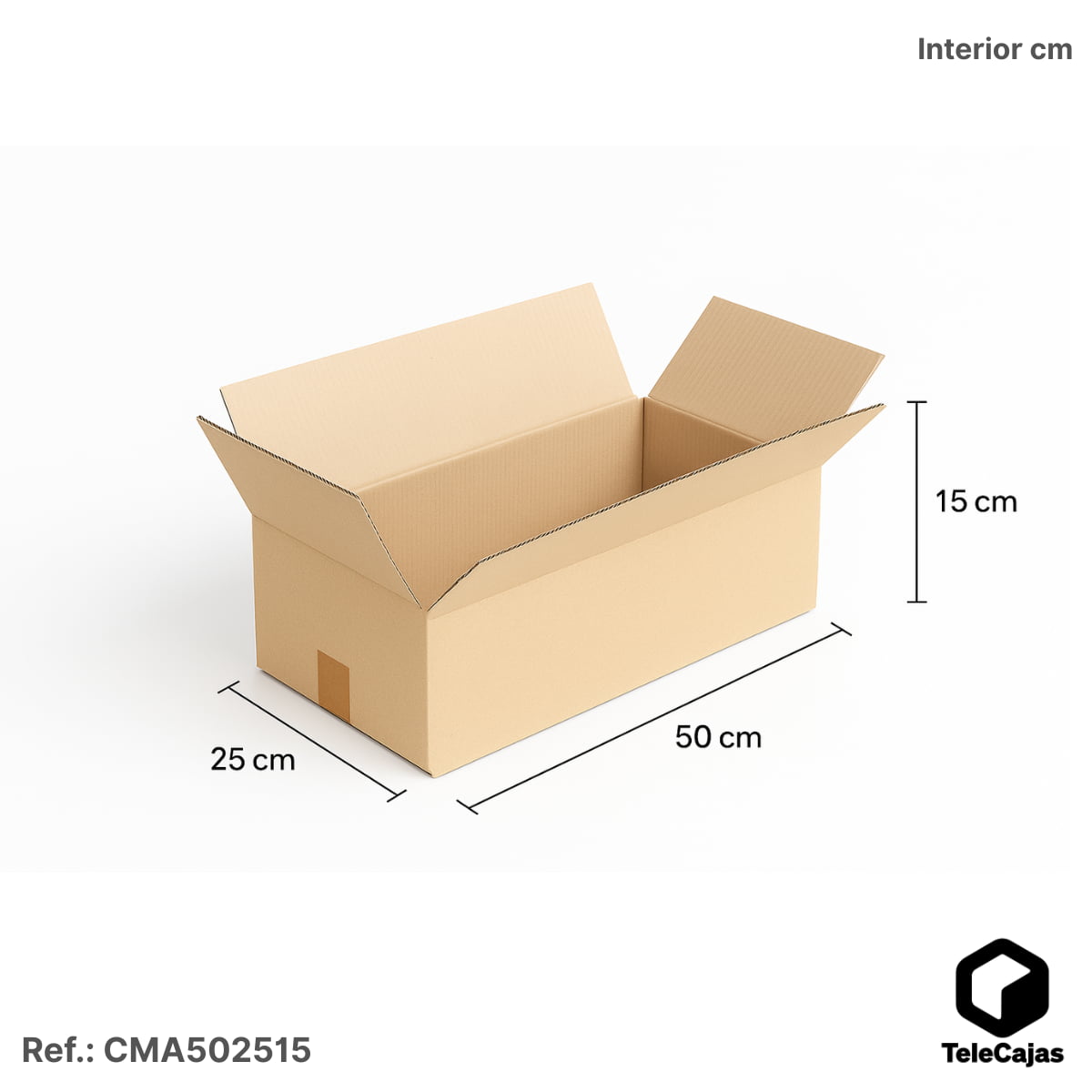 Caja de cartón marrón kraft resistente, plana y alargada, con solapas. Medidas interiores: 50x25x15 cm. Ideal para envíos ecommerce, almacenaje o logística.