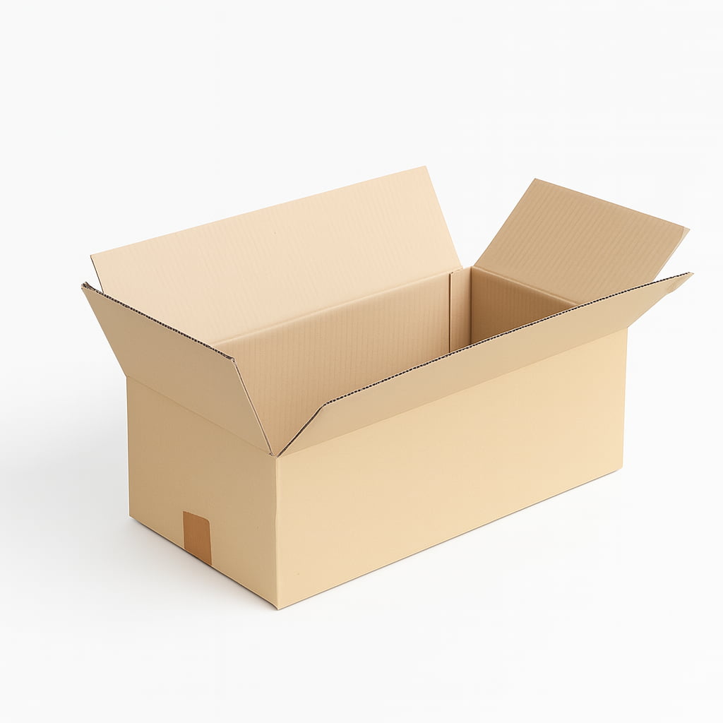Caja de cartón marrón kraft resistente, plana y alargada, con solapas. Medidas interiores: 50x25x15 cm. Ideal para envíos ecommerce, almacenaje o logística.