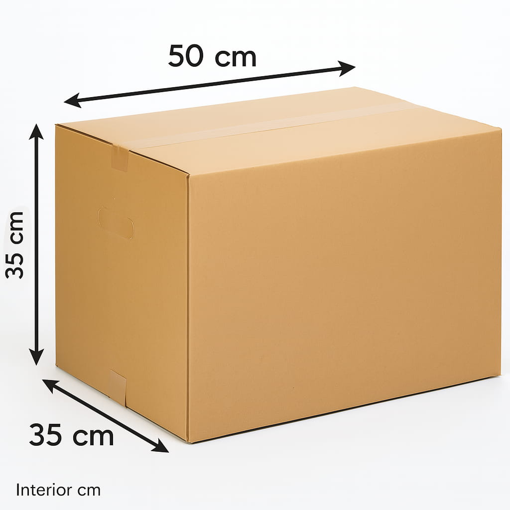 Caja de embalaje resistente de canal simple 50 × 35 × 35 cm, perfecta para envíos online, mudanzas domésticas o guardado de discos de vinilo. Fabricada en cartón reciclado, este packaging ecológico protege tus productos gracias a su cartón corrugado de alta calidad y es reutilizable para reducir residuos.