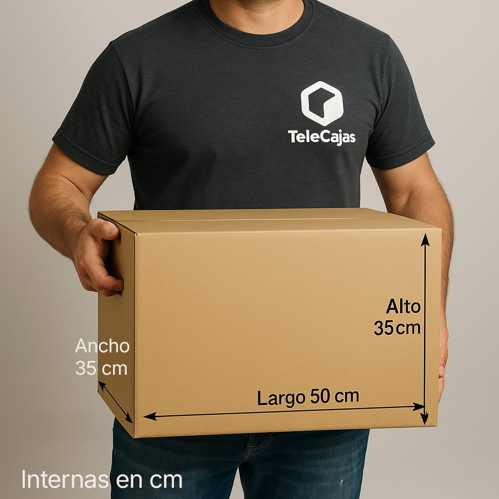 Caja de embalaje resistente de canal simple 50 × 35 × 35 cm, perfecta para envíos online, mudanzas domésticas o guardado de discos de vinilo. Fabricada en cartón reciclado, este packaging ecológico protege tus productos gracias a su cartón corrugado de alta calidad y es reutilizable para reducir residuos.