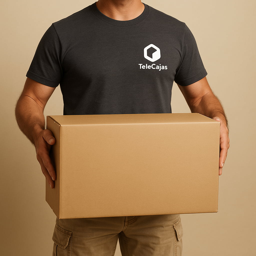 Modelo con Caja de cartón robusta 60x40x40 cm con asas, ideal para mudanzas, ropa, abrigos y envíos voluminosos.