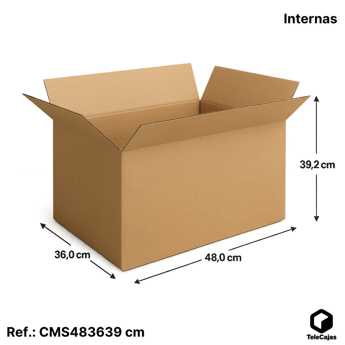 Caja de cartón marrón canal simple 48x36
x39,2 cm, resistente para embalaje, mudanzas o almacenaje profesional.