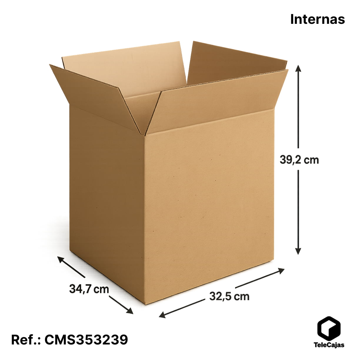 Caja de cartón marrón de canal simple medida interna 34,7x32,5x39,2 cm, ideal para embalaje, envíos ecommerce o almacenaje doméstico.