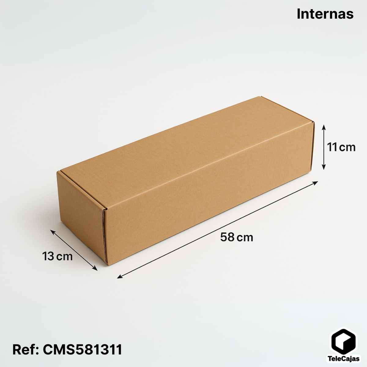 medidas Caja larga de cartón doble solapa 58x13x11 cm, resistente y duradera para envíos alargados, productos pesados o almacenaje seguro.