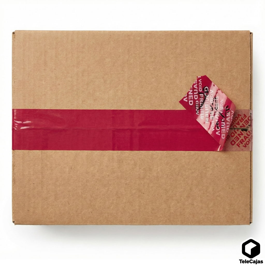 Caja con Cinta adhesiva de seguridad inviolable de color rojo, con mensaje de apertura “OPENED/VOID”, diseñada para sellar cajas y evidenciar manipulaciones.
