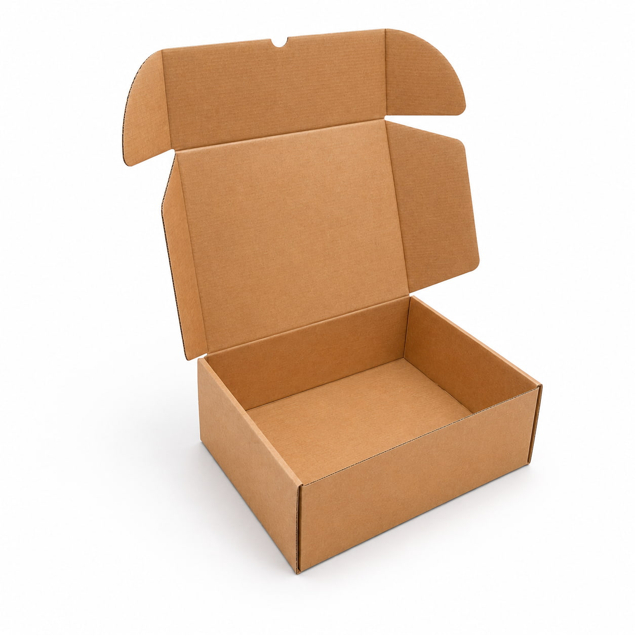Caja de embalaje resistente de canal simple, automontable y en color kraft. Medidas interiores 42x30x14 cm. Perfecta para packaging ecológico, envíos por mensajería, almacenaje en casa o logística de tiendas online. Robusta para proteger el contenido durante el transporte.
