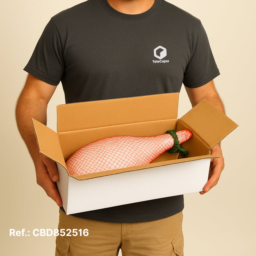 Caja para jamón y paletilla de cartón blanca, canal doble reforzado, ideal para envíos y embalaje seguro de piezas chacinas ibéricas.