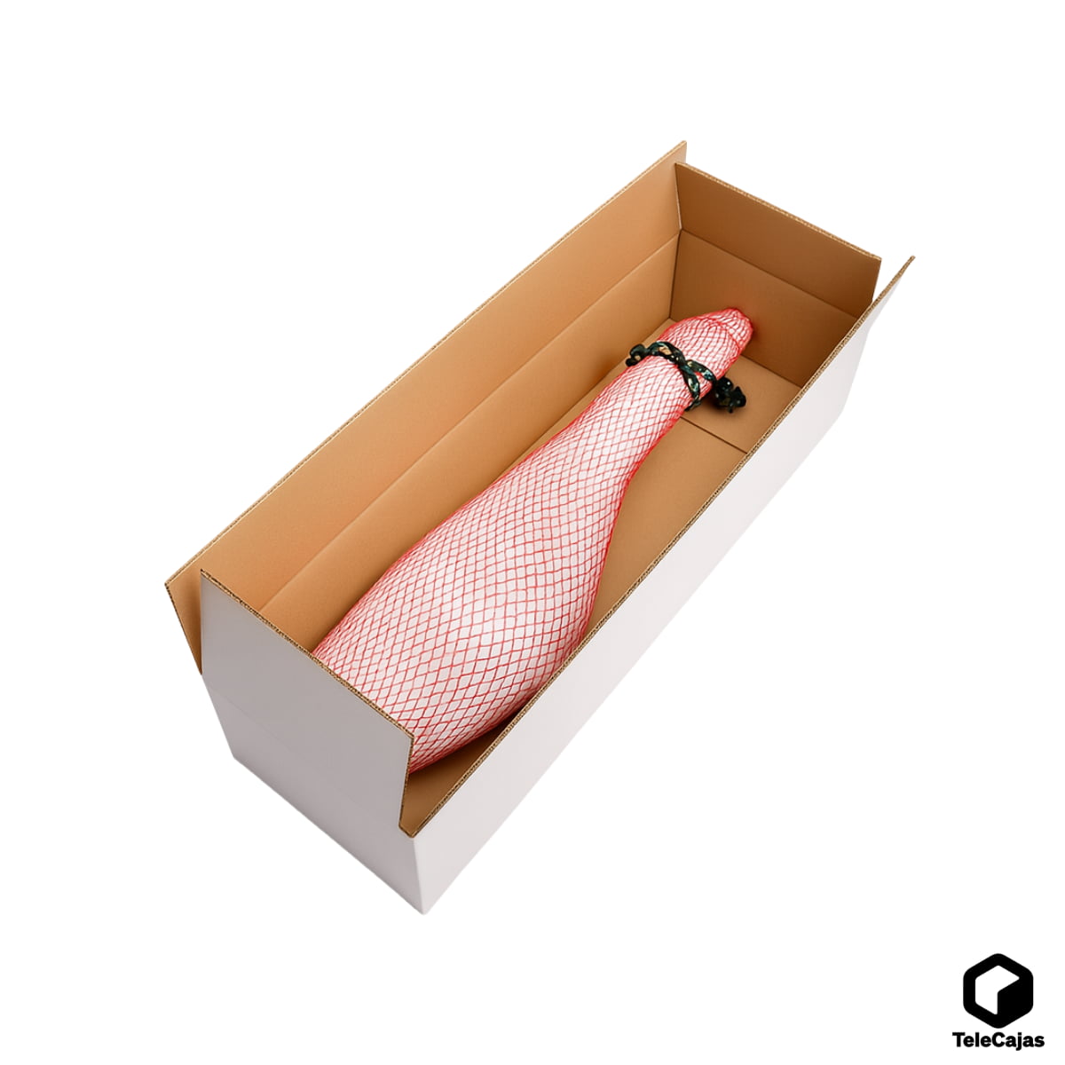 Caja para jamón y paletilla de cartón blanca, canal doble reforzado, ideal para envíos y embalaje seguro de piezas chacinas ibéricas.