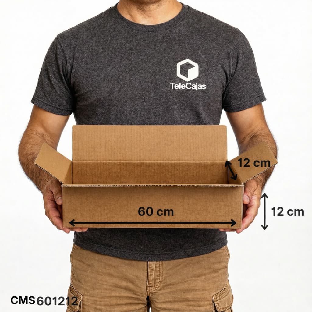 Hombre con Caja larga de cartón de 60x12x12 cm  resistente y ecológica, ideal para envíos de objetos alargados como tubos, teclados, lámparas o planos..