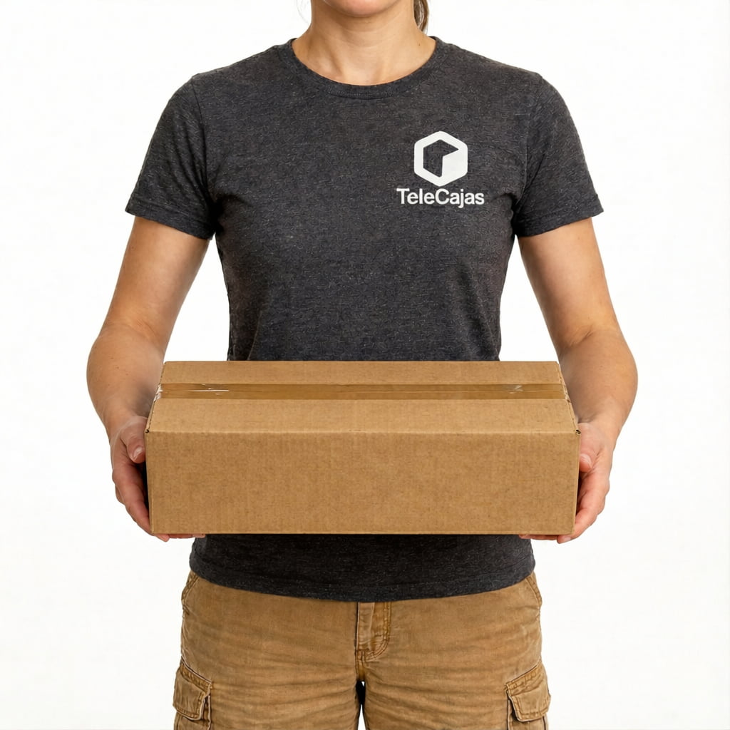 Mujer con Caja larga de cartón de 60x12x12 cm  resistente y ecológica, ideal para envíos de objetos alargados como tubos, teclados, lámparas o planos.