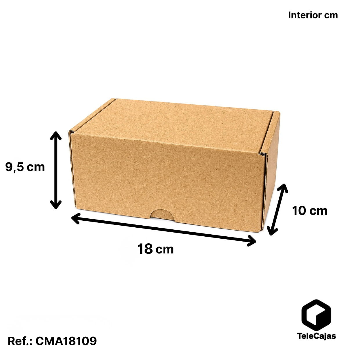 Cajita de embalaje resistente de canal simple reforzado, automontable y anónima, fabricada en cartón reciclado kraft. Dimensiones interiores 18x10x9,5 cm. Perfecta para packaging ecológico de productos ligeros, regalos corporativos, detalles de boda o envíos postales compactos. 