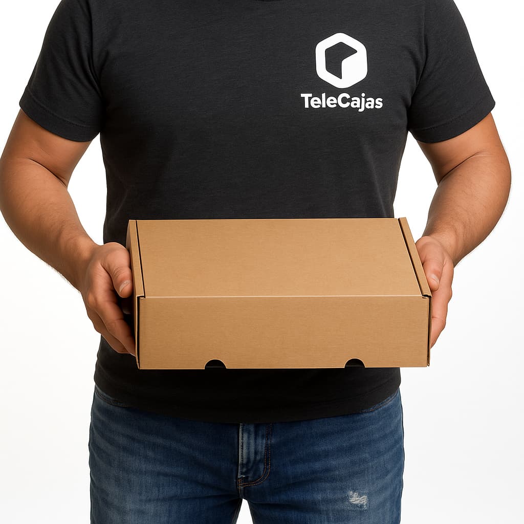 Hombre con Caja de cartón automontable 35x25x10 cm, perfecta para envíos por mensajería o paquetería. Fabricada en cartón robusto y reciclable, esta caja de embalaje resistente es ideal como packaging ecológico para tiendas online o negocios que requieren seguridad y presentación profesional