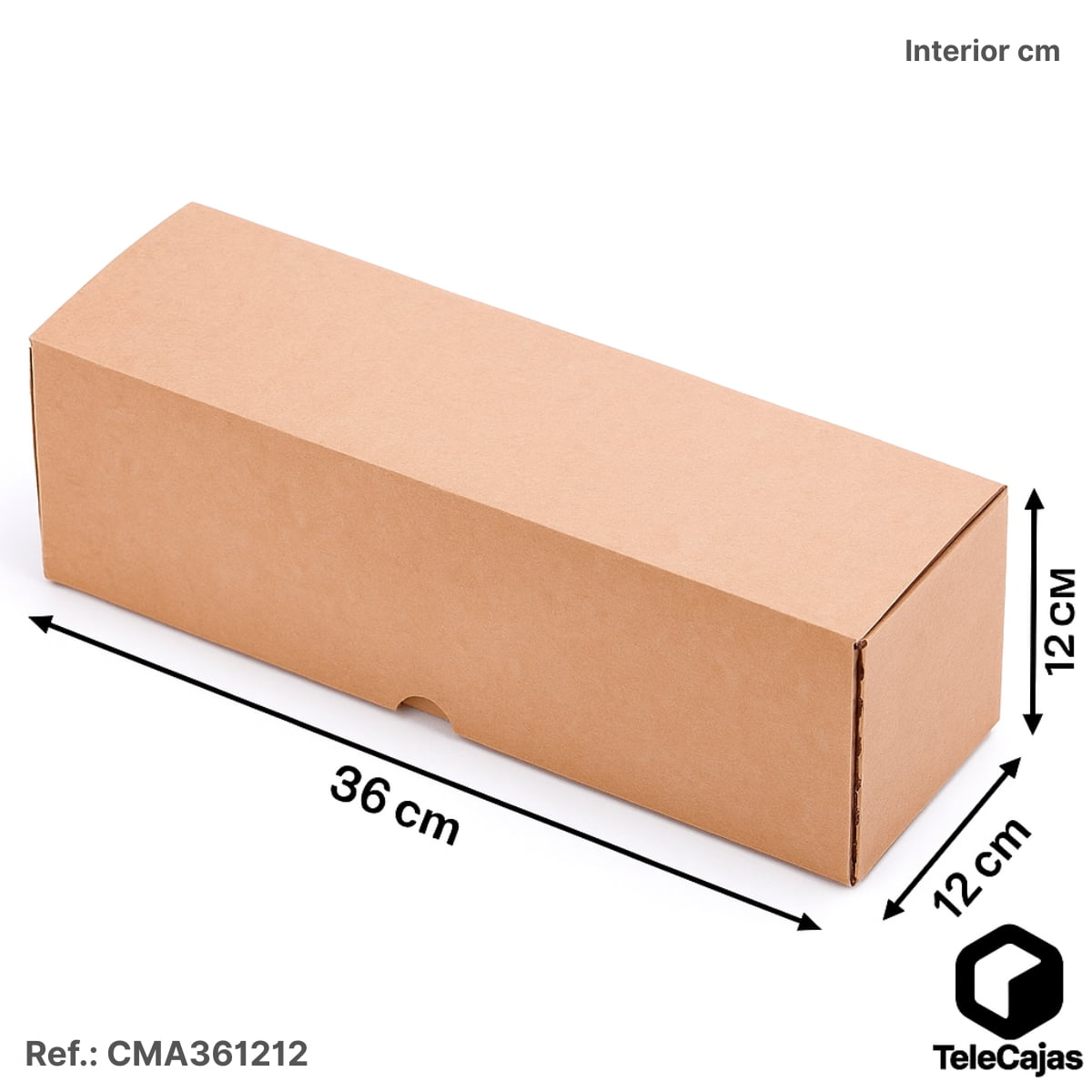 Caja de embalaje resistente automontable de medidas interiores 36x12x12 cm en color kraft, fabricada en cartón reforzado de canal simple. Perfecta como packaging ecológico para tiendas online, envío de botellas, productos alargados o artículos promocionales. Su diseño compacto y robusto la convierte en una opción eficaz para envíos por mensajería o almacenaje doméstico.