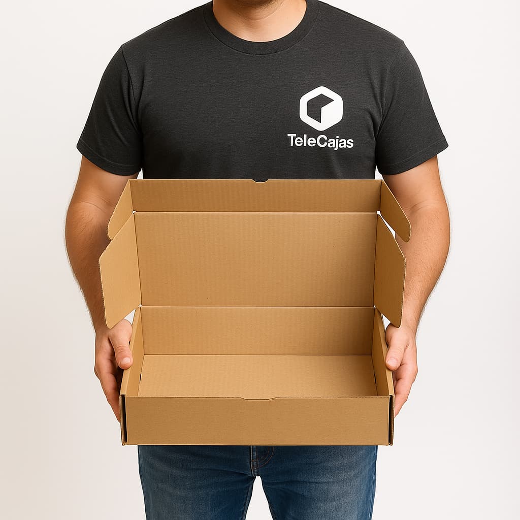 Caja de embalaje resistente de canal simple, automontable y en color kraft. Medidas interiores 37x30x11 cm. Perfecta para packaging ecológico, envíos por mensajería, almacenaje en casa o logística de tiendas online. Fabricada en cartón reciclado, ligera pero robusta para proteger el contenido durante el transporte.