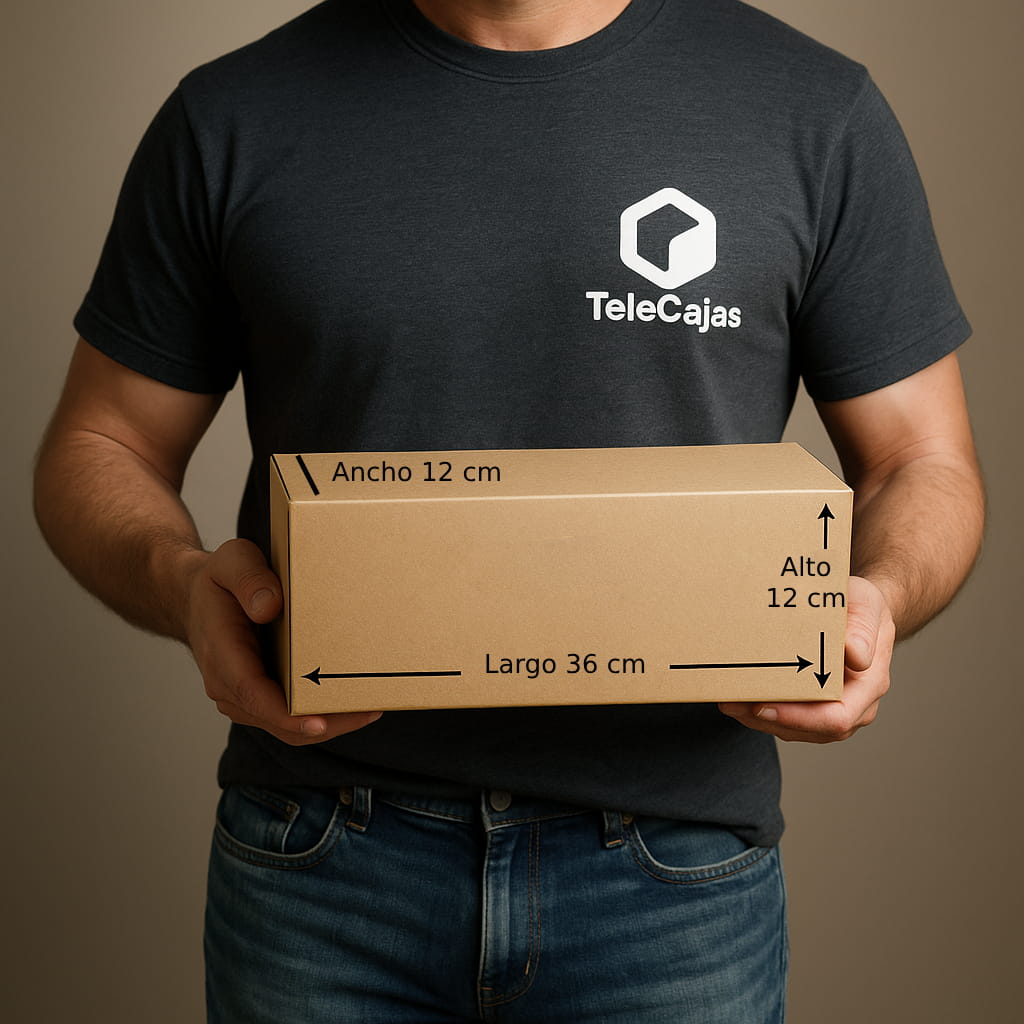 Modelo TeleCajas con Caja de embalaje resistente automontable de medidas interiores 36x12x12 cm en color kraft, fabricada en cartón reforzado de canal simple. Perfecta como packaging ecológico para tiendas online, envío de botellas, productos alargados o artículos promocionales. Su diseño compacto y robusto la convierte en una opción eficaz para envíos por mensajería o almacenaje doméstico.