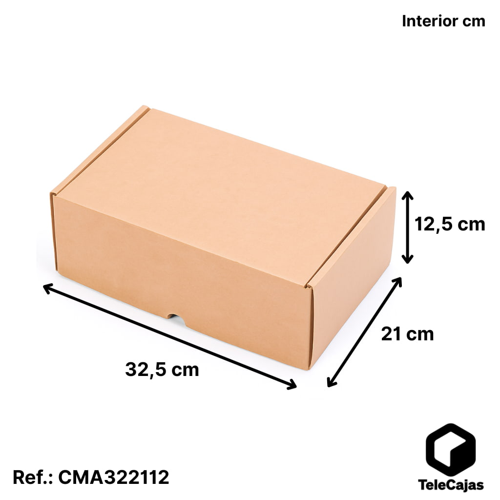 Caja postal automontable de cartón marrón con tapa resistente, medidas interiores 32,5x21x12,5 cm. Perfecta para packaging ecológico de calzado, moda u otros productos delicados. Fabricada en cartón reforzado de canal simple, esta caja de embalaje resistente es ideal para envíos ecommerce, logística de tiendas online o almacenaje en boutiques. Su diseño sin asas ni impresiones garantiza una presentación anónima y profesional.