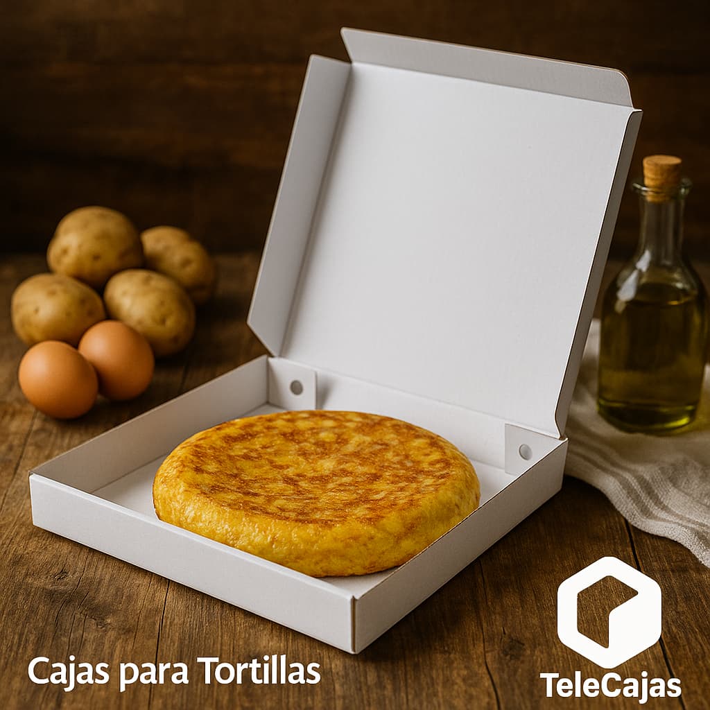 Caja de embalaje blanca y anónima de medida 23x23x5 cm, perfecta para transportar tortillas españolas u otros platos preparados como empanadas. Packaging alimentario resistente, sin impresiones cerrada, fabricado en cartón reciclado. Ideal para hostelería, comida para llevar, eventos o catering.